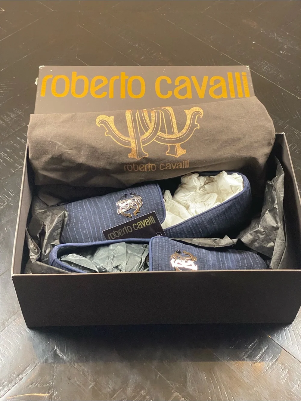 Roberto Cavalli Navy Textured Velvet Slip-On Loafers with Metallic Crest.